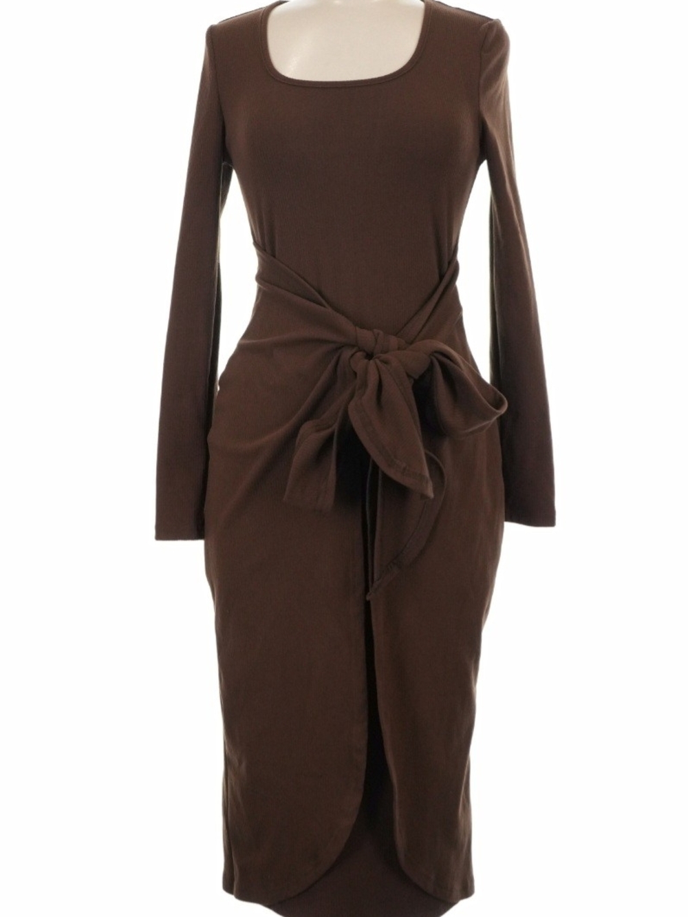 Yozy Tie-Waist Long Sleeve Midi Dress in Brown